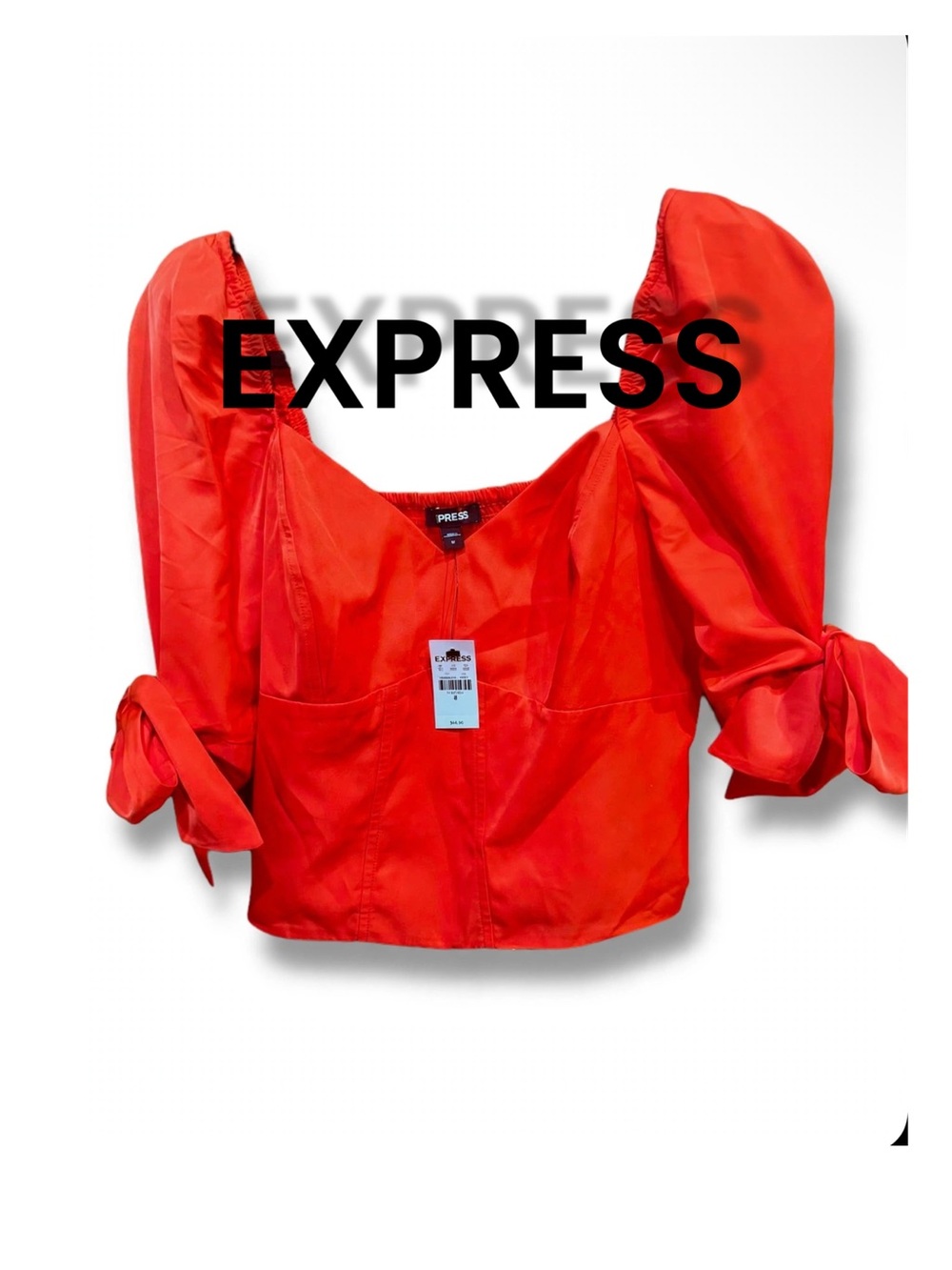Express Red Puff-Sleeve Tie-Cuff Blouse